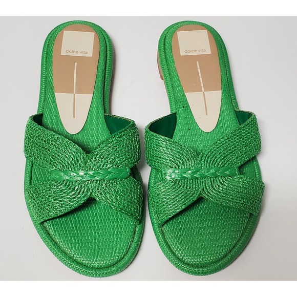 Dolce Vita Sandals Atomic in Green 8 Woven/Raffia Natural Fabric Slip-On Shoes - Picture 4 of 8